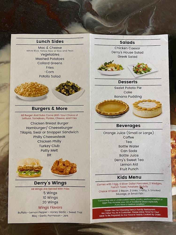 Derry's Family Restaurant Menu image 1